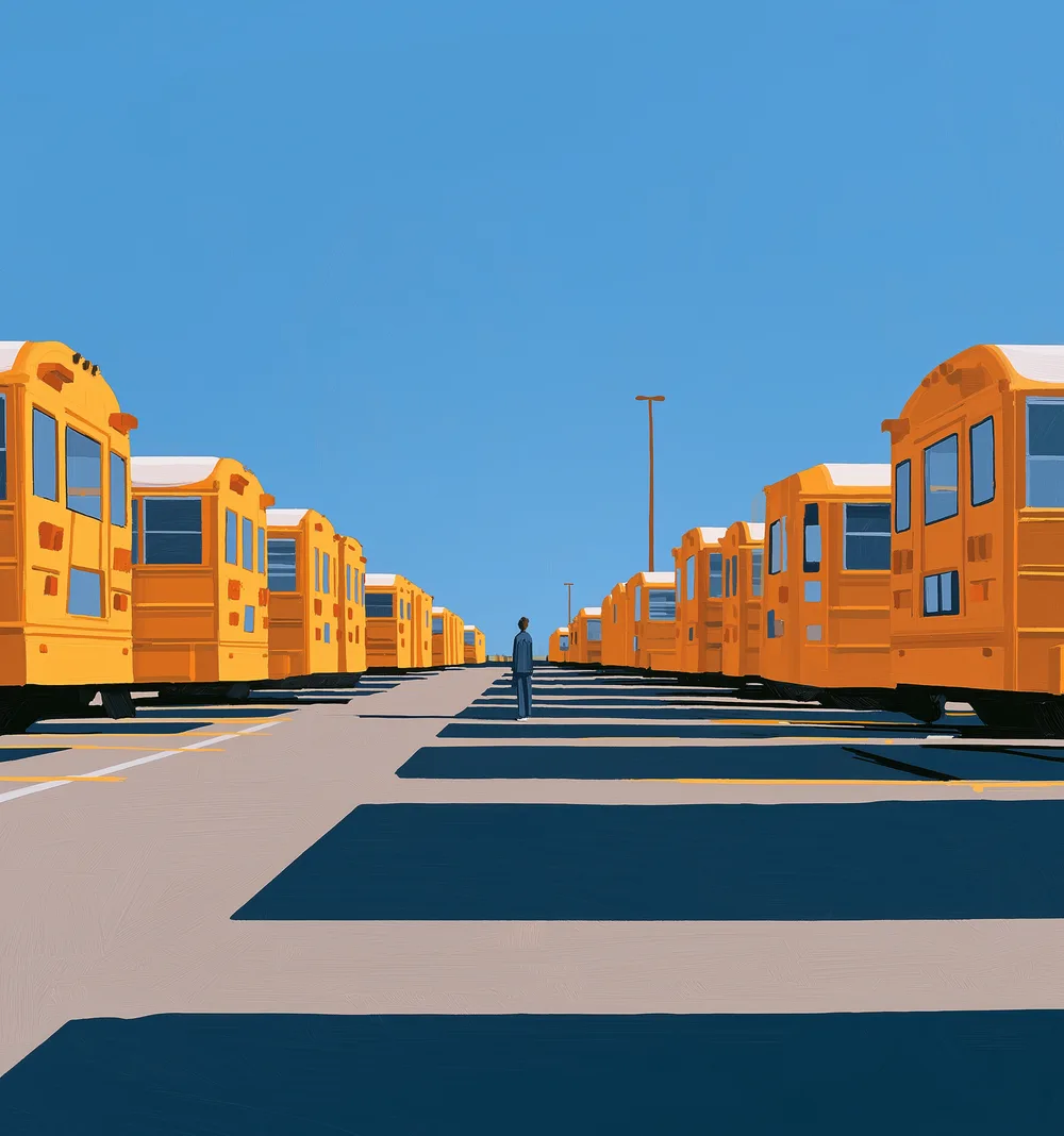A row of parked school buses