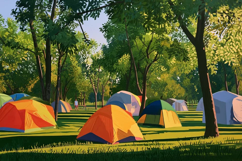 Tents pitched in a wooded campground