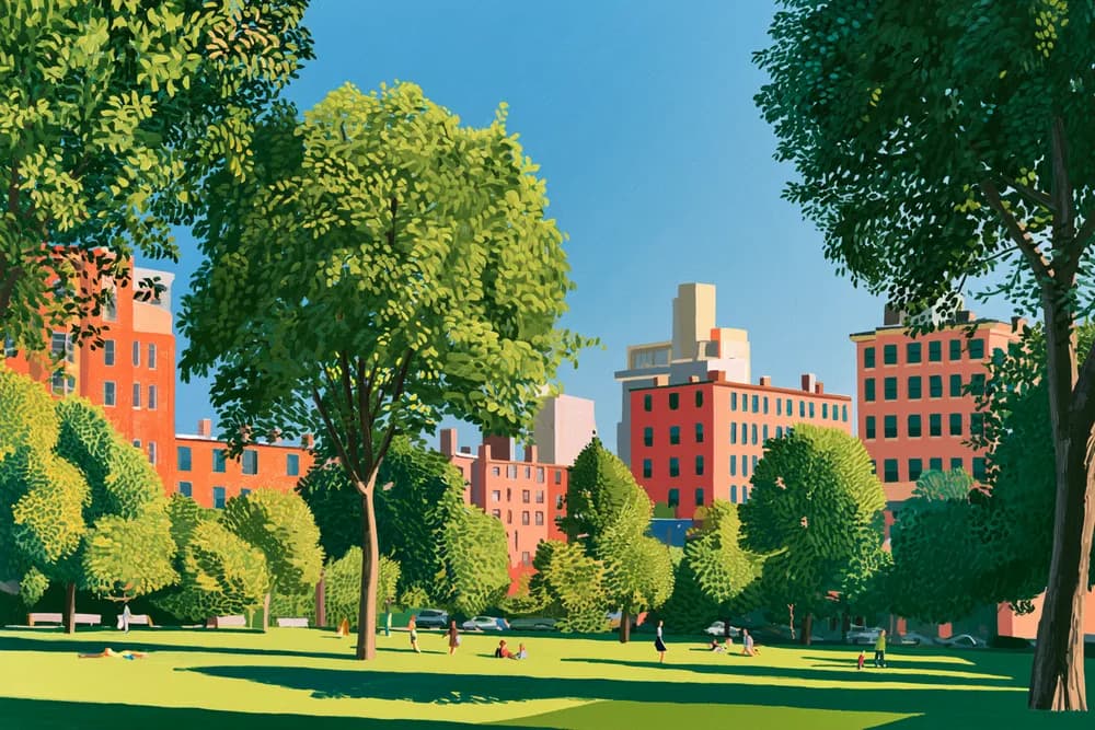A city skyline behind a green park