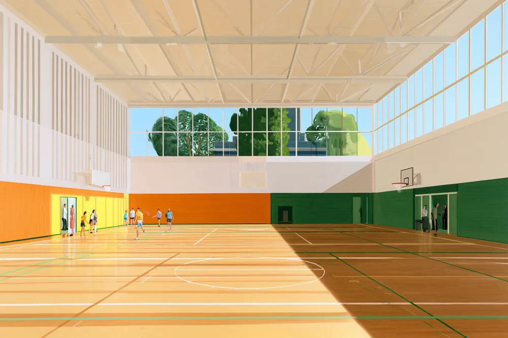 An empty community recreation-centre gymnasium