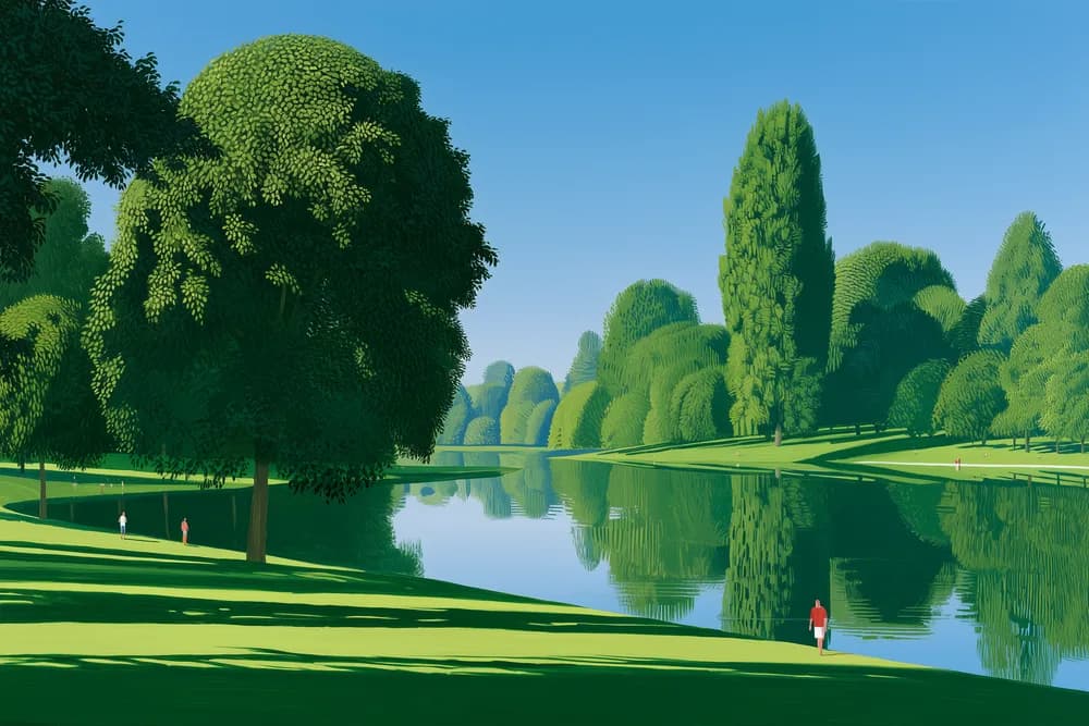 A lake ringed by trees on a clear day