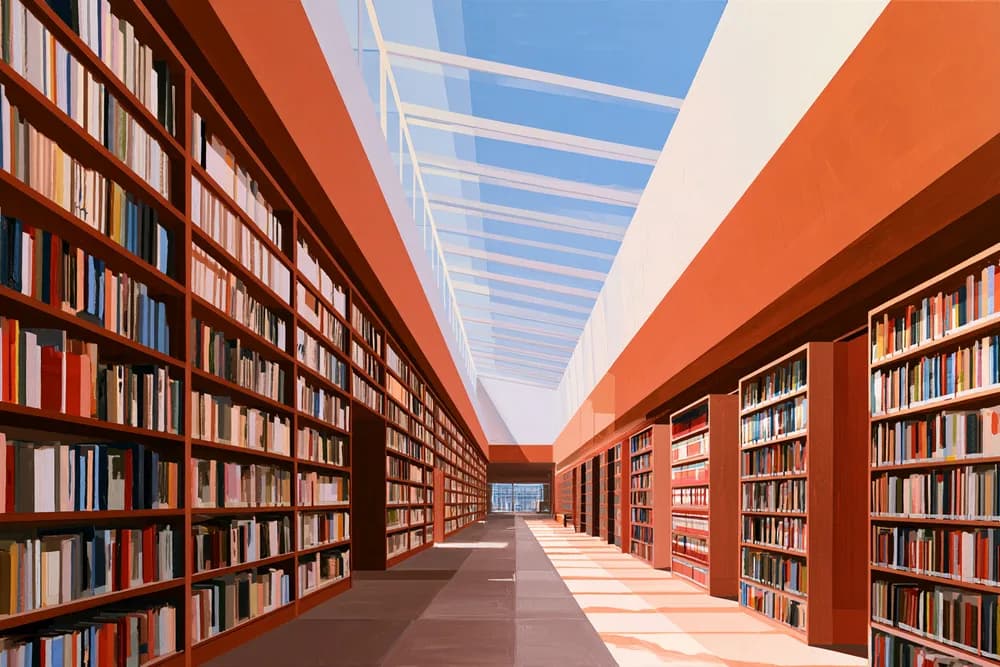 A sunlit public library reading hall