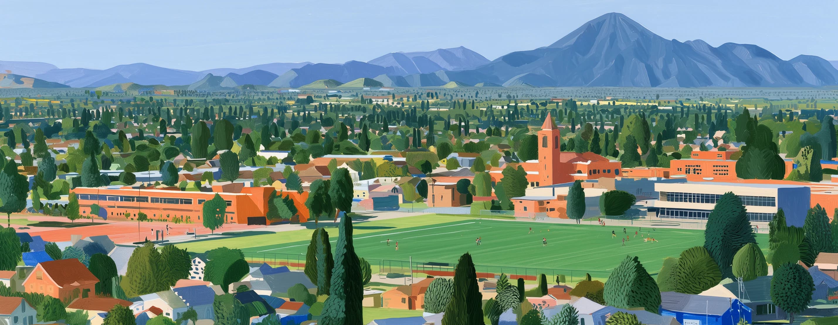 An illustrated view over a town — school, playing fields and community buildings, with mountains beyond.